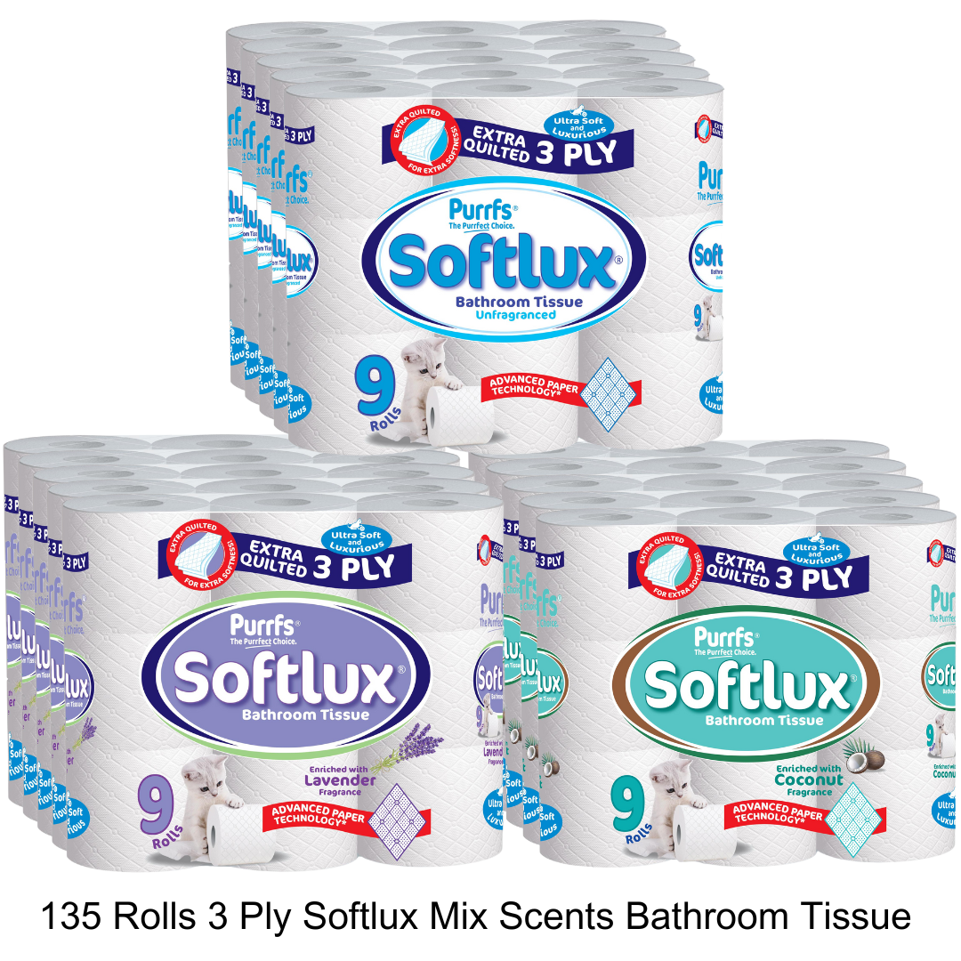 135 Softlux Toilet Rolls 3 Ply Bathroom Tissue Paper 45 x 3 135 Rolls Original, Coconut and Lavender Scented Toilet Tissue 135 Softlux Toilet Rolls 3 Ply Bathroom Tissue Paper 45 x 3 135 Rolls Original, Coconut and Lavender Scented Toilet Tissue